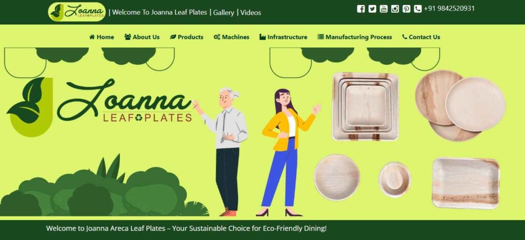 Joanna Leaf Plates' production in Dindigul, India, creating biodegradable and non-toxic palm leaf plates, bowls, and trays for eco-conscious consumers.